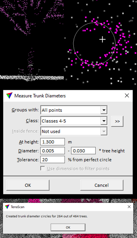 Screenshots of the trunk diameter measurement function.