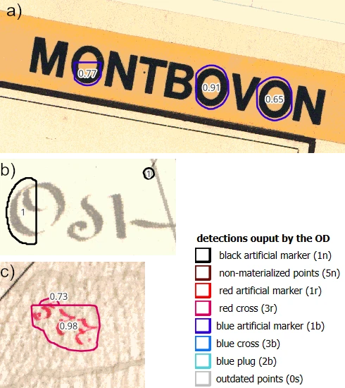 Three images with different scriptures detected as various classes with a confidence score higher than 0.65.