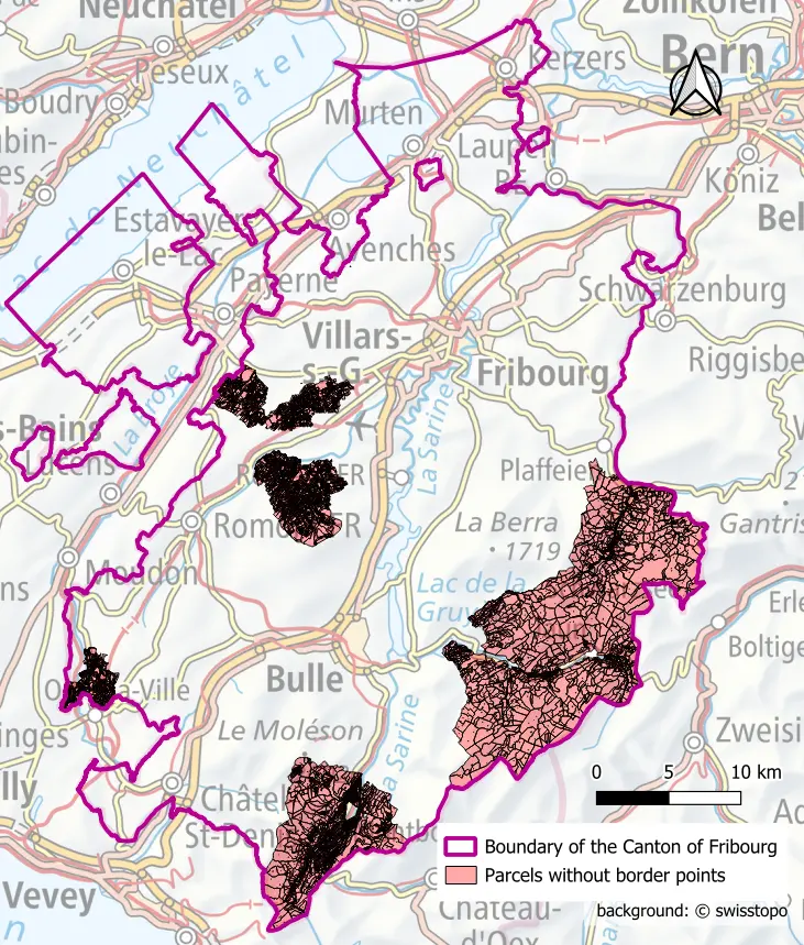 Canton of Fribourg with the polygons of the parcels missing border points