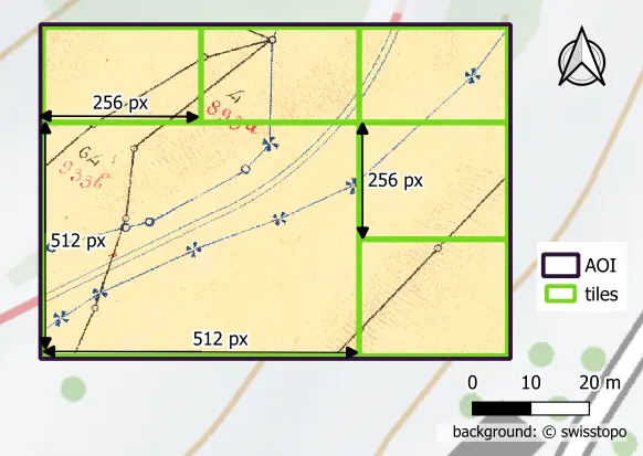 Plan clipped to an area of interest with a grid of two different sizes covering it.