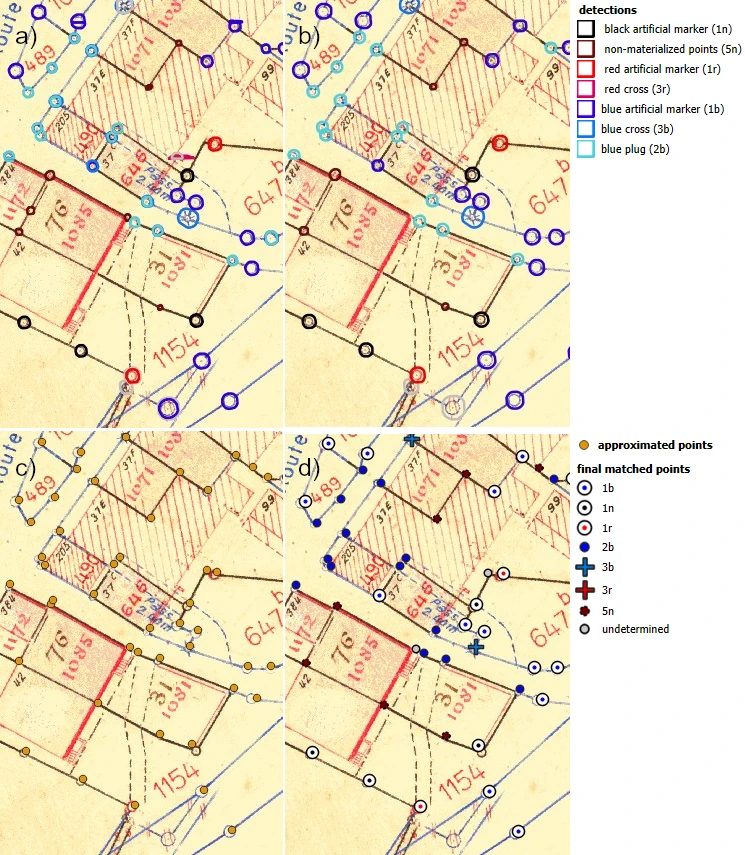 Detections as polygons (a and b) and points before and after classification (c and d)