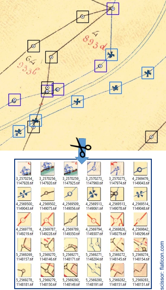 Up the cadastral plan with the square buffer around points and down the labeled images saved to files.