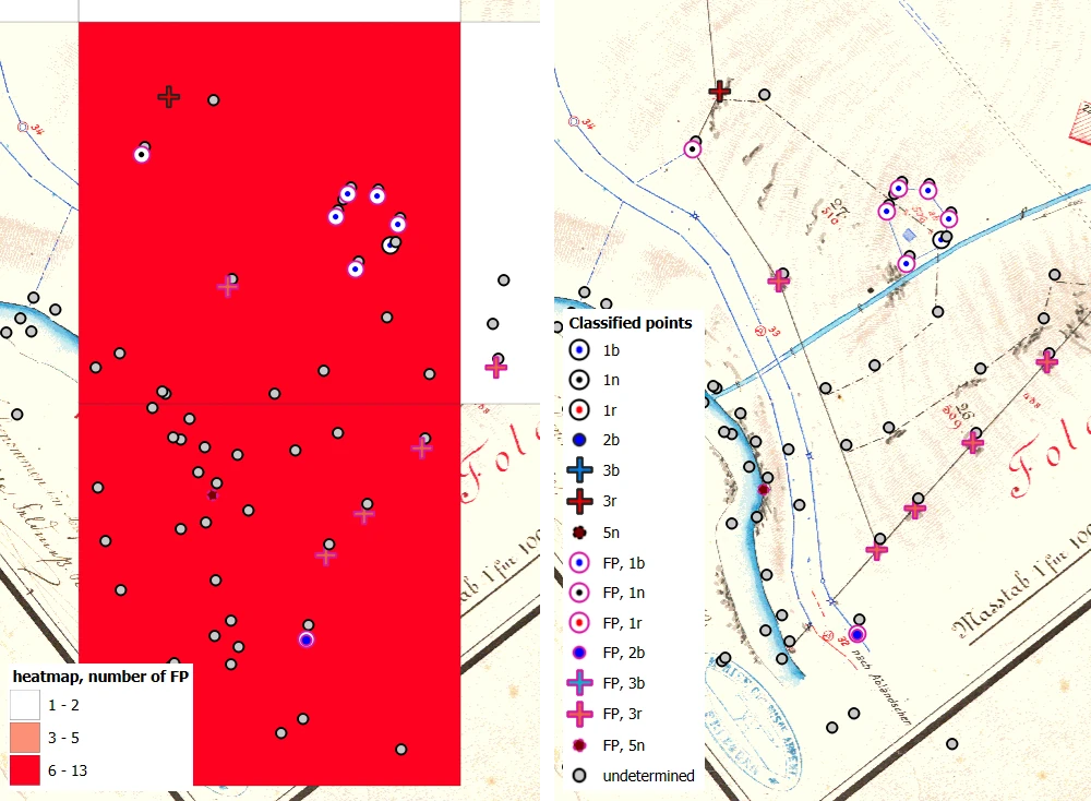 double image with the final classified and FP points on the heatmap (left) or directly on the plan (right).