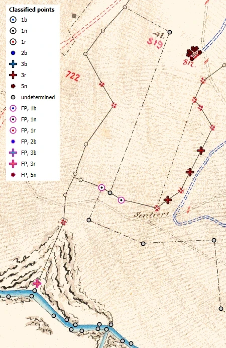 Image of an area with a river and a dashed line both indicated with points classified as "undetermined"