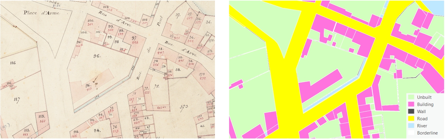 Cadastral map (left) and semantic mask (right) of Geneva dataset