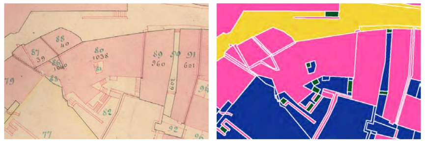 Semantic segmentation dataset example from Neuchatel: borderline - white, road - yellow, building - red, unbuilt - blue, stairs - green