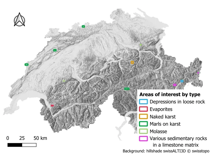 Shaded relief of Switzerland with in color, the lithological types over which AOI were defined