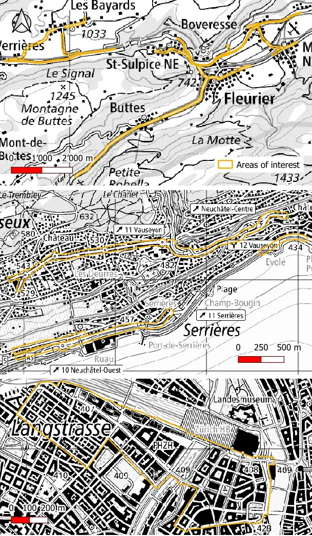Polygons for each AoI in yellow over the black and white national map separated in three sub-images: the countryside in RCNE, the suburban area in RCNE and the city center in SZH.