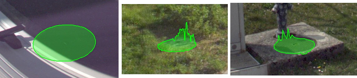 Examples of rejected annotations: partially occluded object, object in grass with a deformed mask, object on a structure deforming the mask.